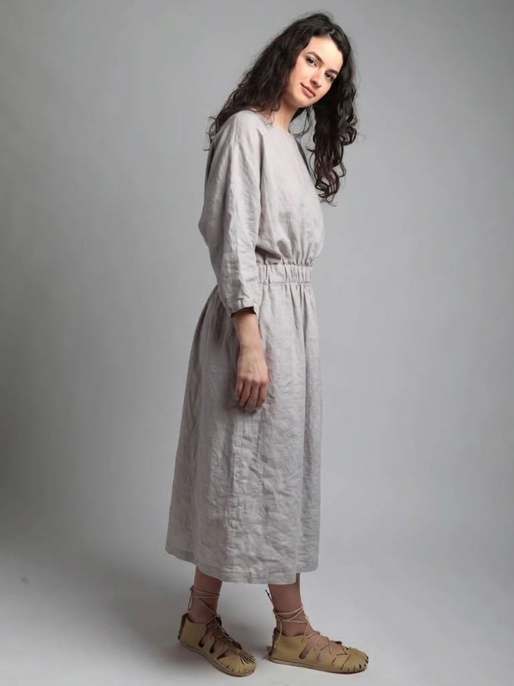 KNOTIUM Journey Midi Linen Dress with Elastic Waist, Pockets, Gray, Size L